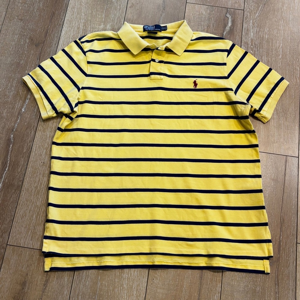 Polo Ralph Lauren Mens XXL Custom Fit Striped Polo Shirt Yellow Navy Blue Pony